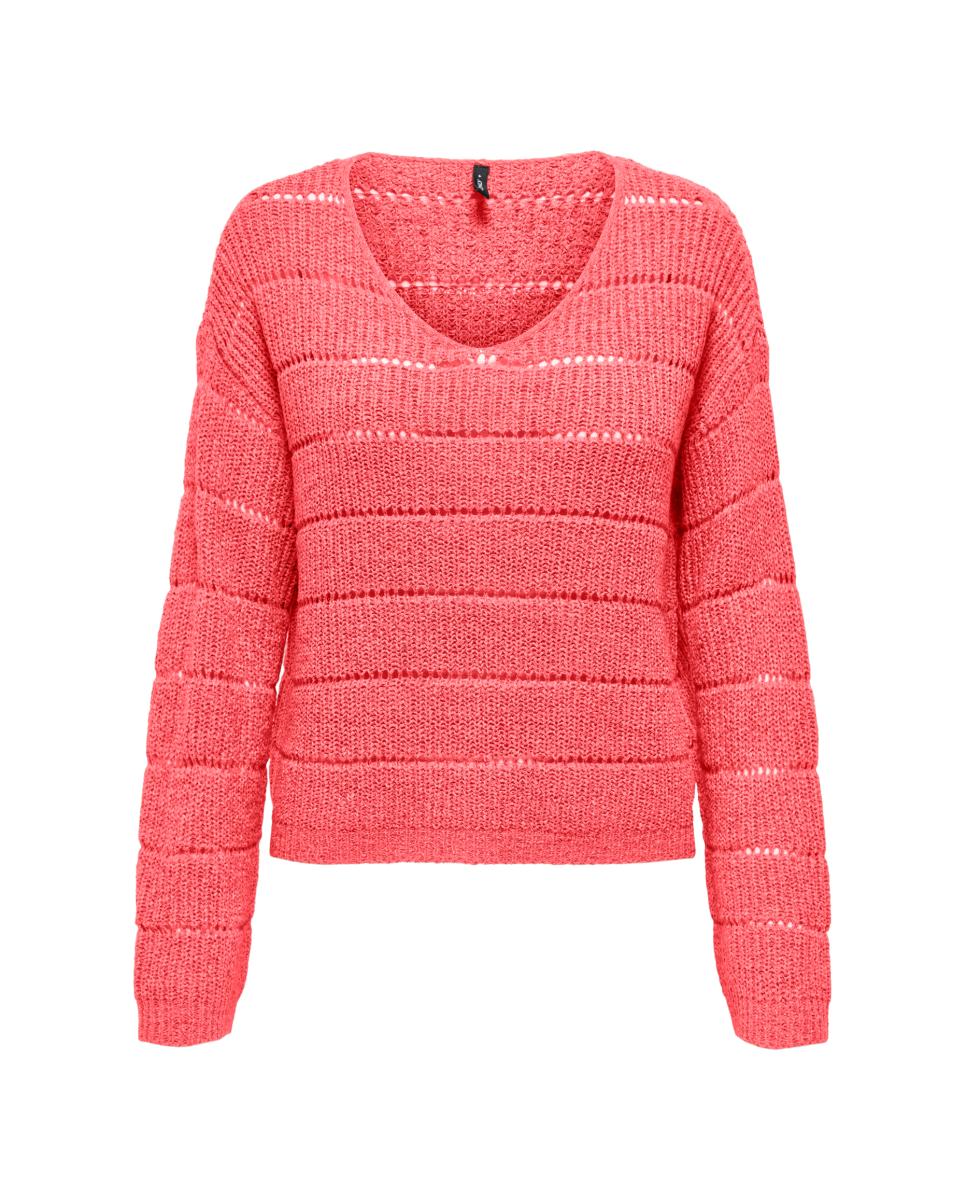 Camisola de malha de mulher com manga comprida e decote em bico Coral-3