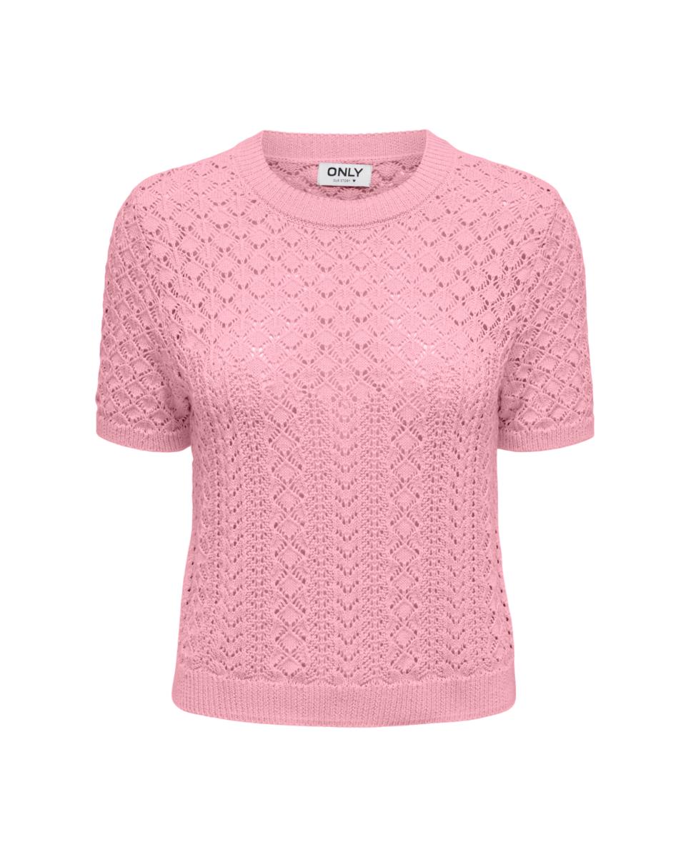 Top de Crochet Curto com Manga Curta Rosa-3