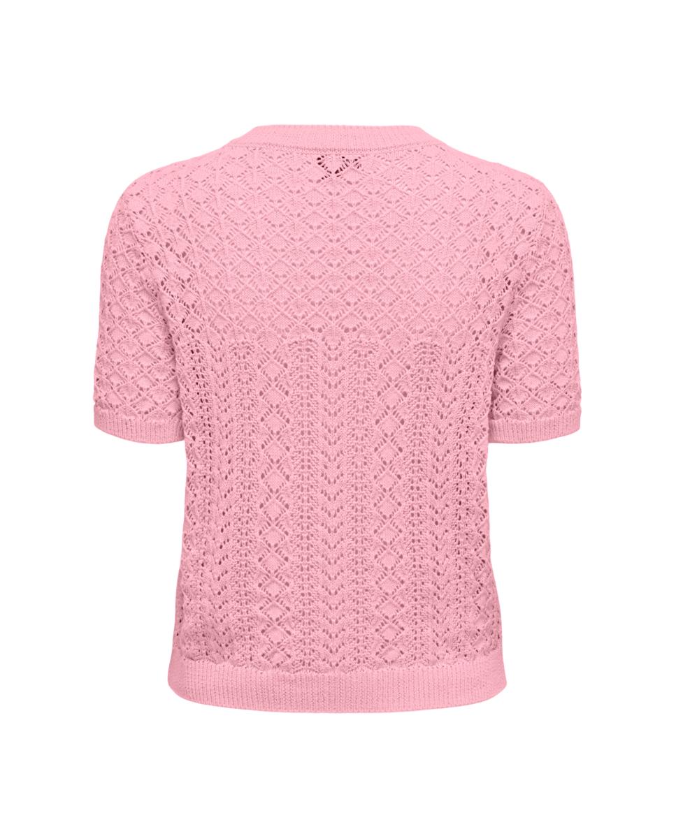 Top de Crochet Curto com Manga Curta Rosa-4