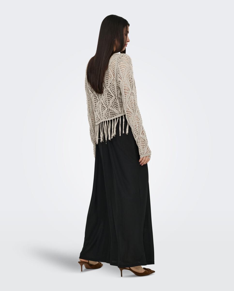 Camisola de Malha Rendilhada com Manga Comprida e Decote Redondo Bege-2