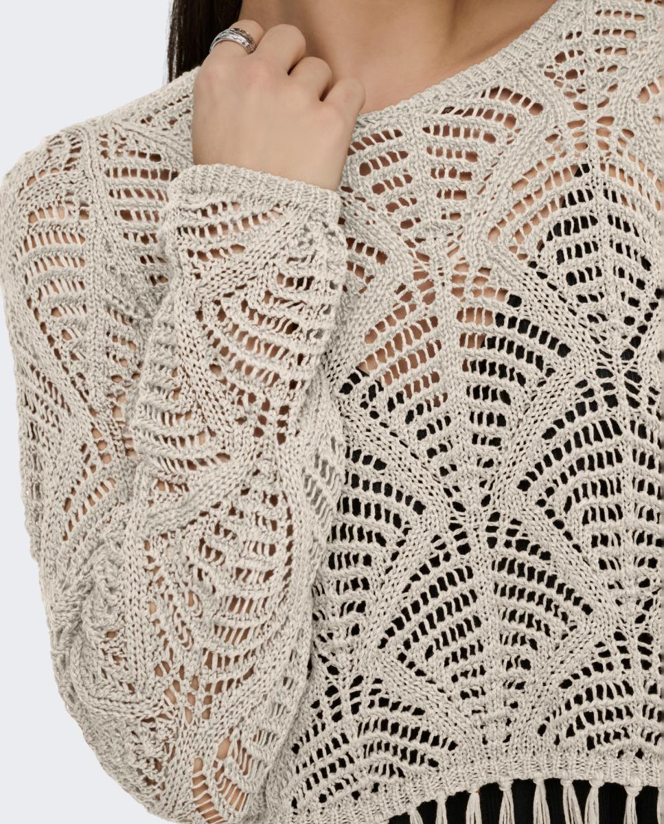 Camisola de Malha Rendilhada com Manga Comprida e Decote Redondo Bege-3