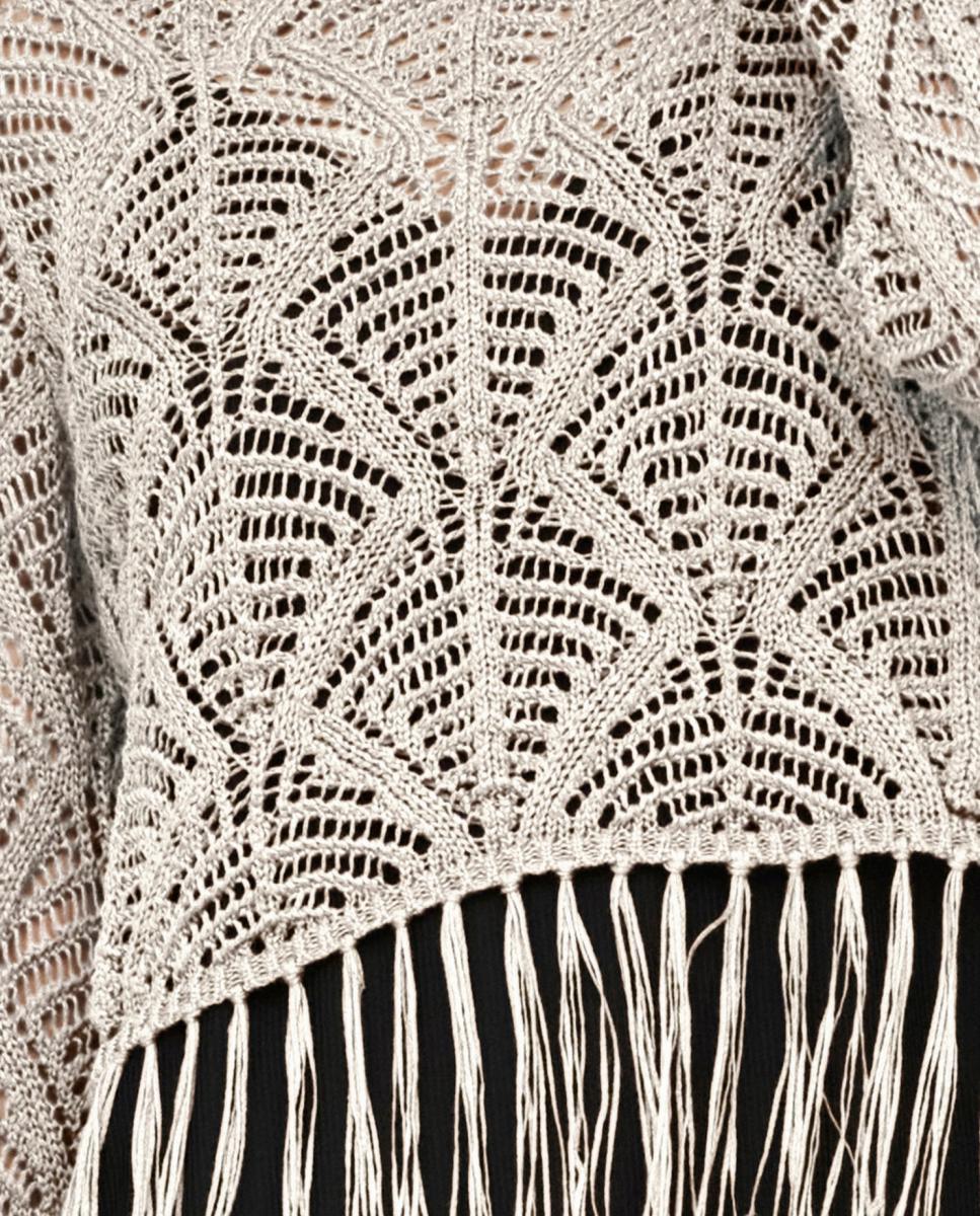 Camisola de Malha Rendilhada com Manga Comprida e Decote Redondo Bege-4