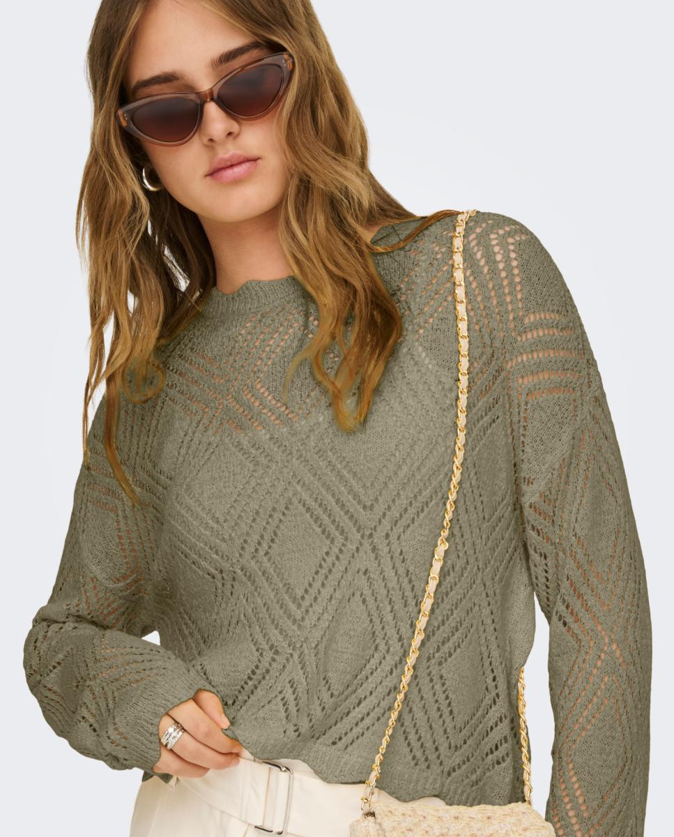 Camisola de Malha com Manga Comprida e Decote Redondo Verde-militar-3