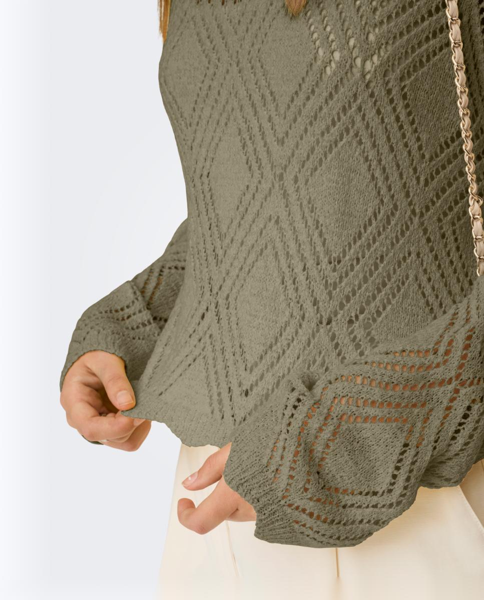 Camisola de Malha com Manga Comprida e Decote Redondo Verde-militar-5