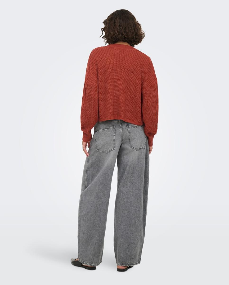 Cardigan de Manga Comprida com Decote em Bico Vermelho-2