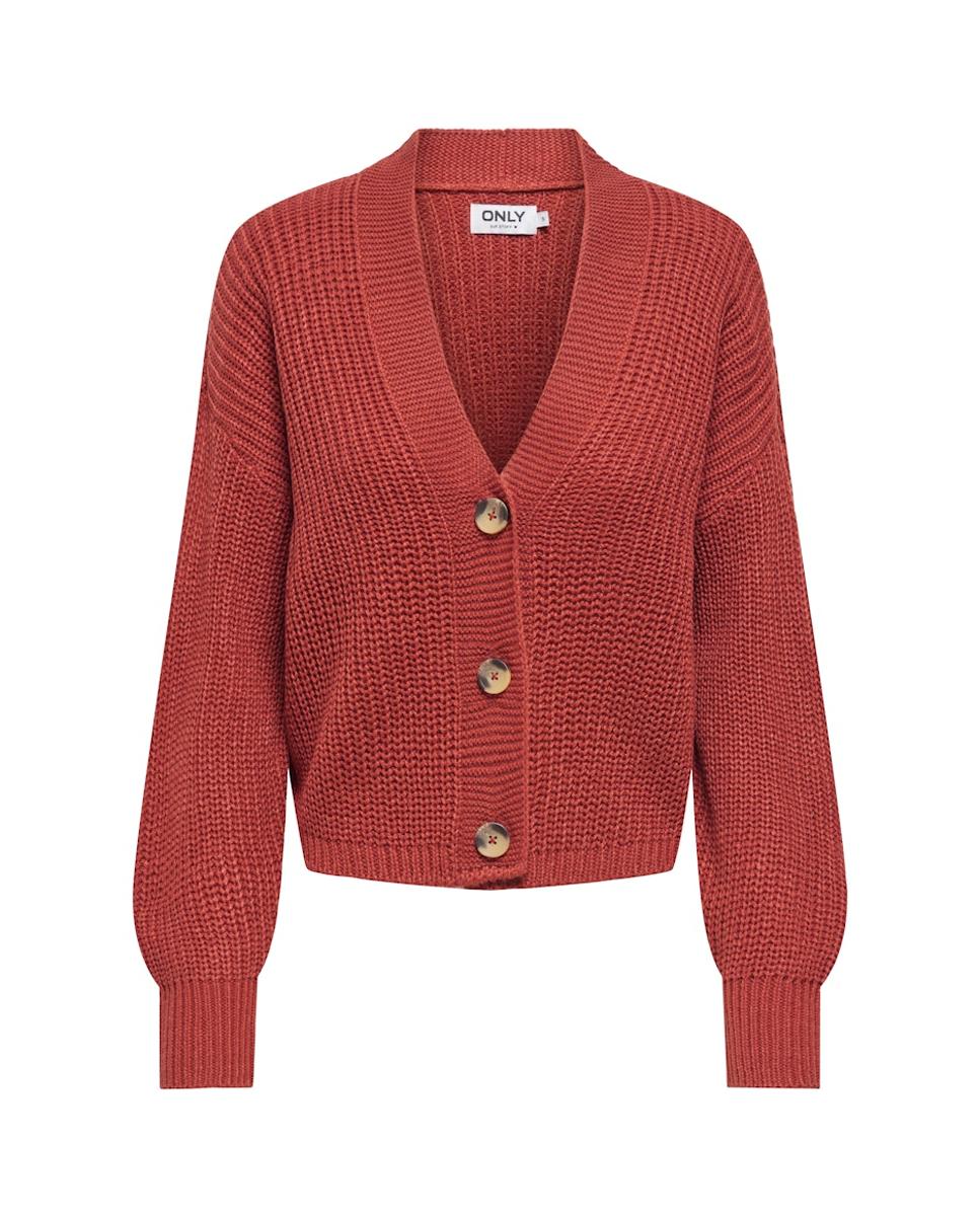 Cardigan de Manga Comprida com Decote em Bico Vermelho-3