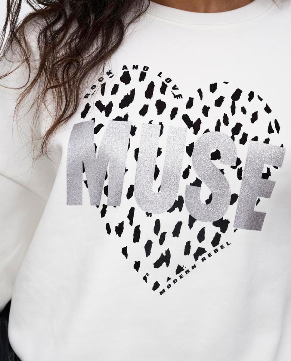 Sweatshirt de Manga Curta com Decote em Bico Branco-5