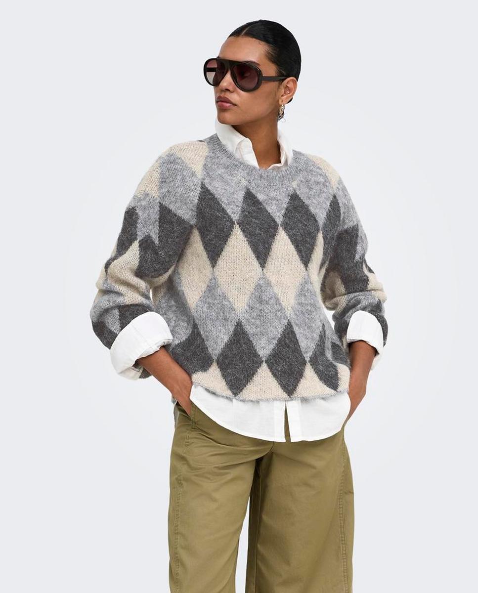 Jersey de mujer con cuello redondo y hombros caídos - Only - Gris Gris-1