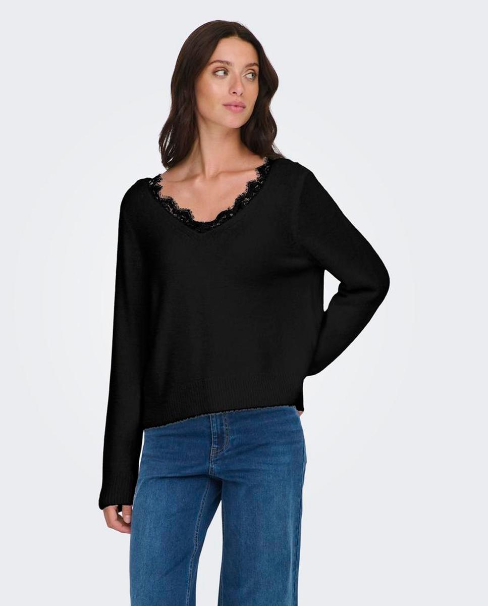 Jersey de mujer con escote pico y detalle de encaje - Only - Negro Negro-1