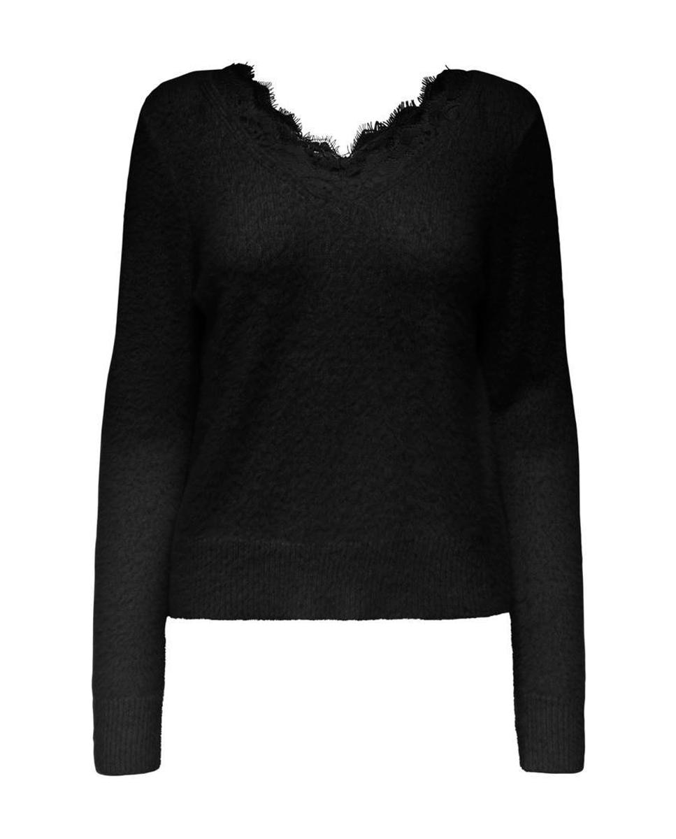 Jersey de mujer con escote pico y detalle de encaje - Only - Negro Negro-3