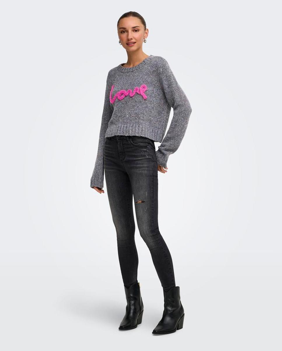 Jersey cropped de mujer con cuello redondo - Only - Gris Gris-3