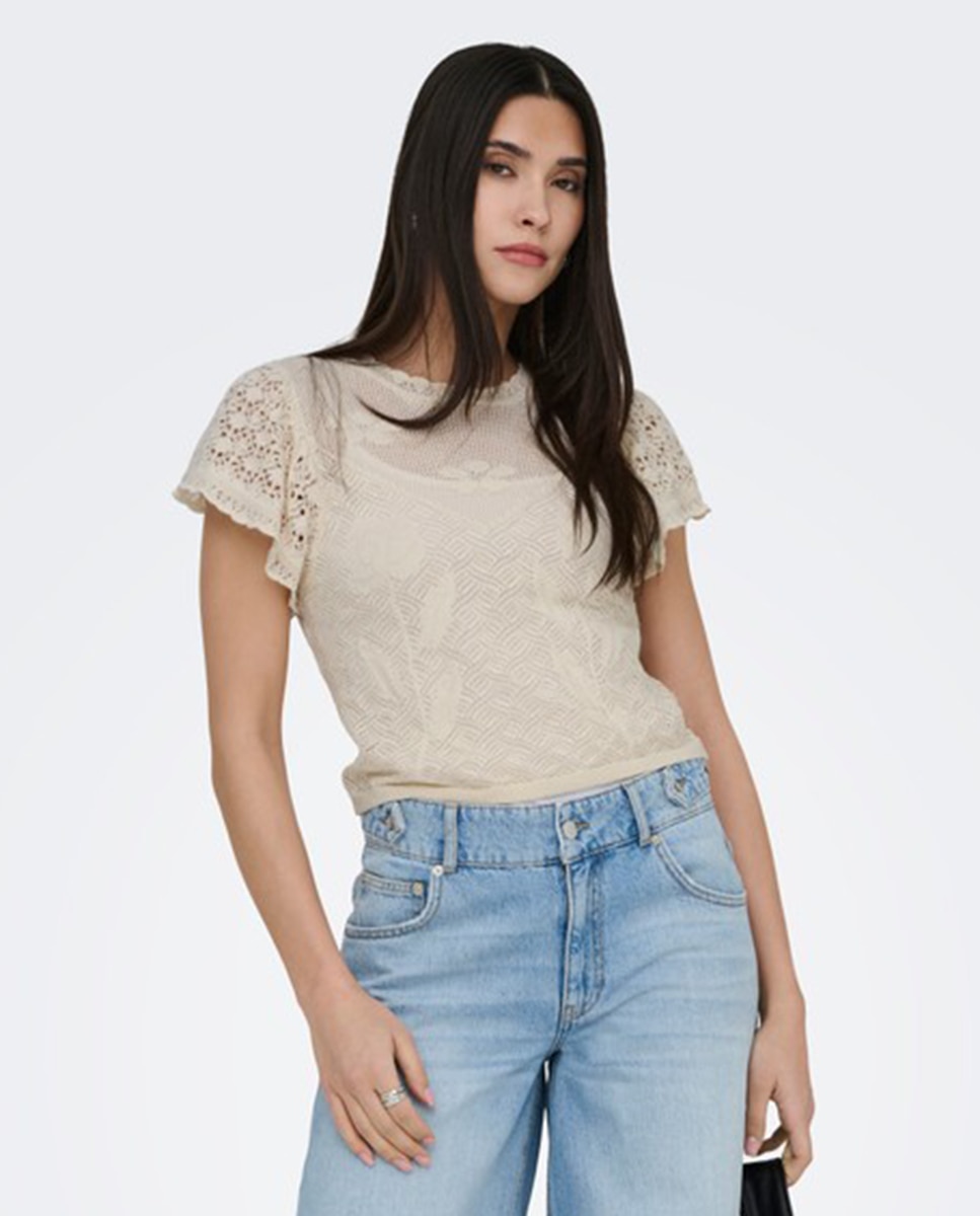 Top de mujer y de punto de manga corta - Only - Crema Crema-1