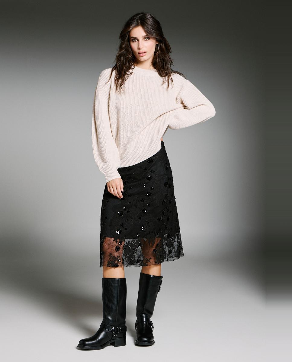 Falda midi con encaje de mujer
