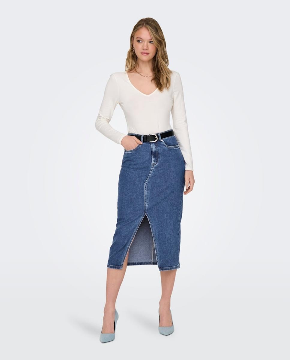 Only - Falda vaquera midi con apertura frontal.
