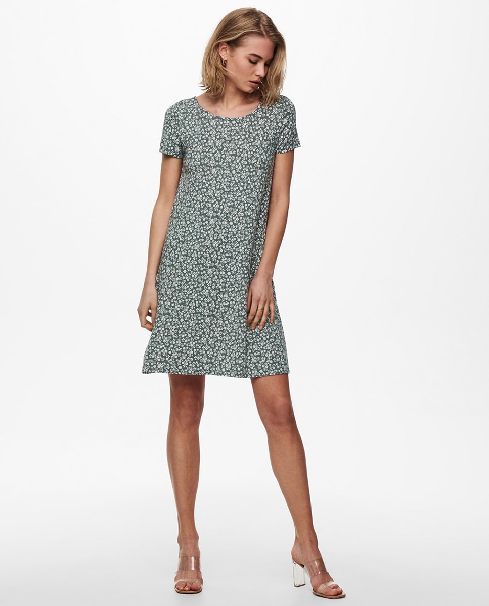 Vestido mini de manga curta e detalhe nas costas Verde-escuro-1