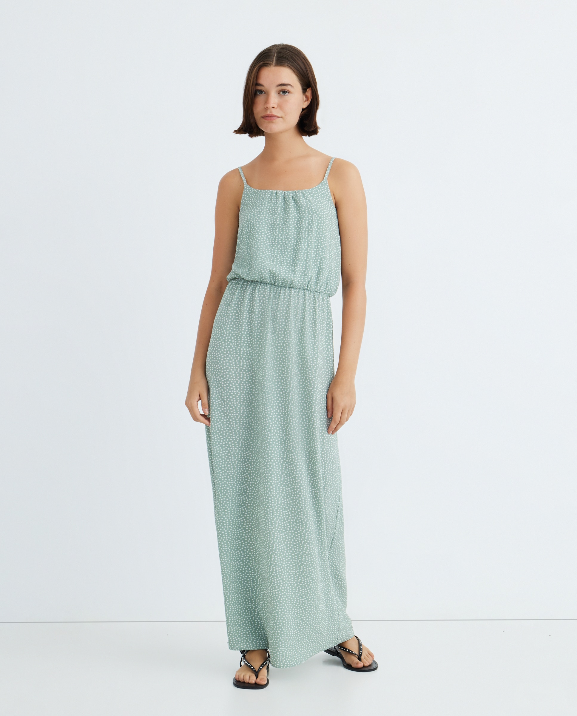 Vestido comprido de alças finas e tecido fluido Verde-1