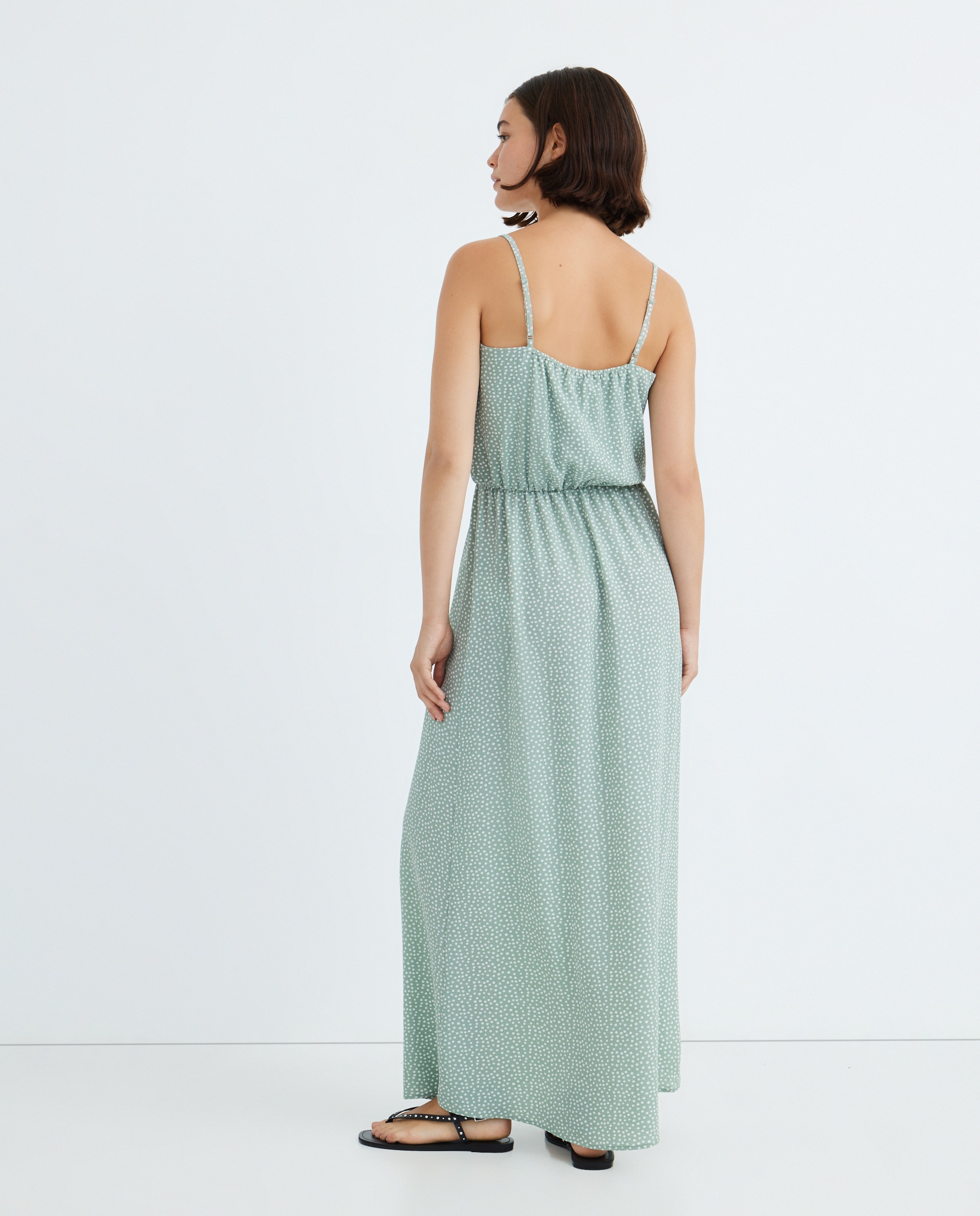 Vestido comprido de alças finas e tecido fluido Verde-3