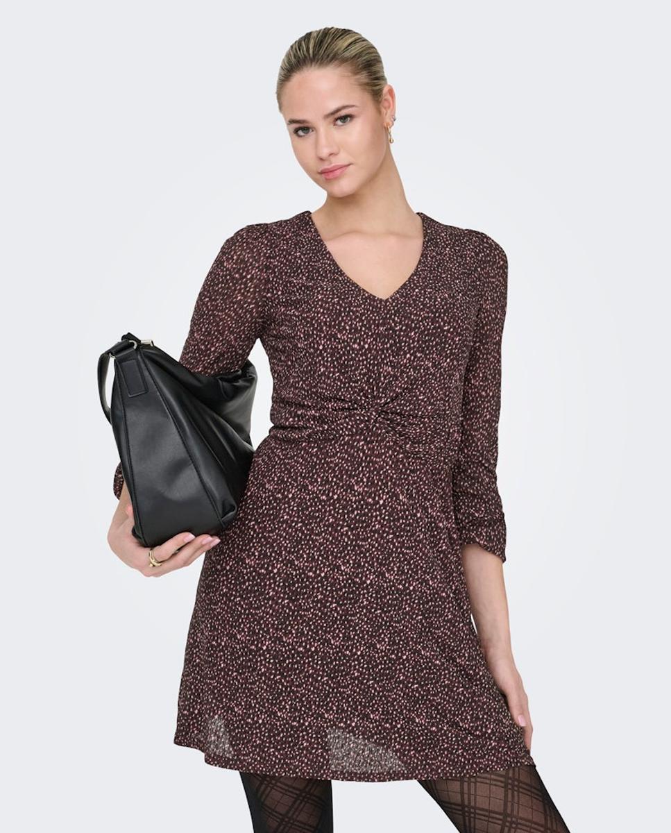 Vestido Estampado com Manga Comprida e Decote em Bico Bordeaux-2