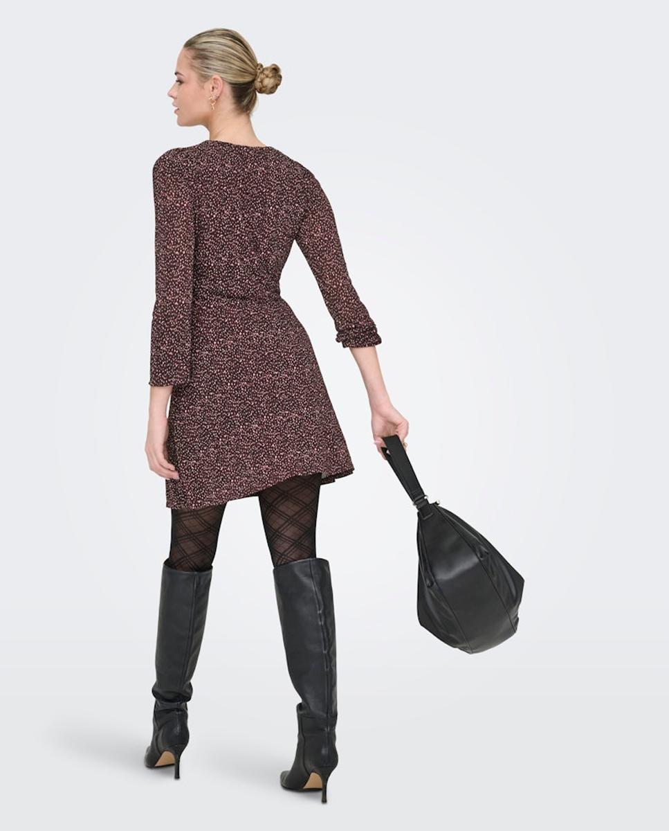 Vestido Estampado com Manga Comprida e Decote em Bico Bordeaux-3