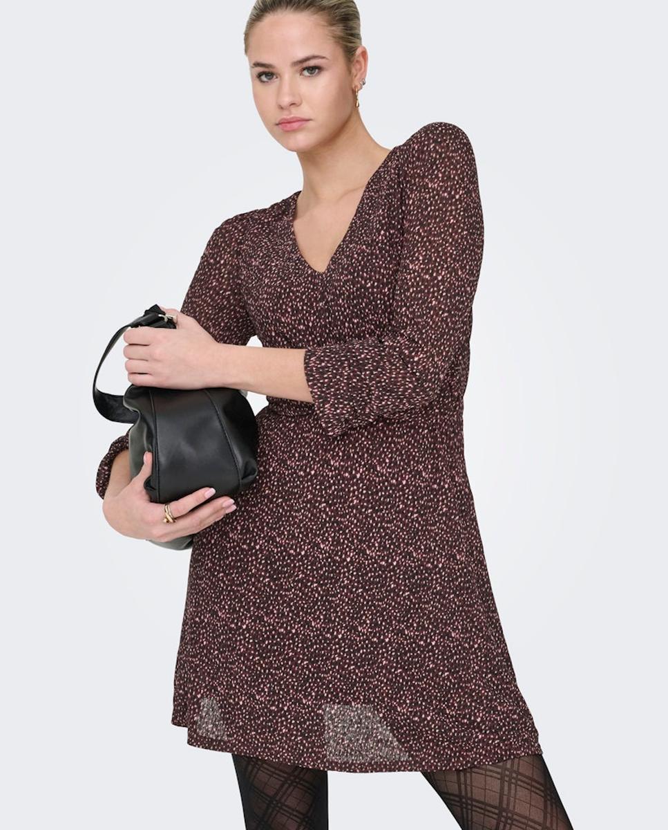 Vestido Estampado com Manga Comprida e Decote em Bico Bordeaux-4