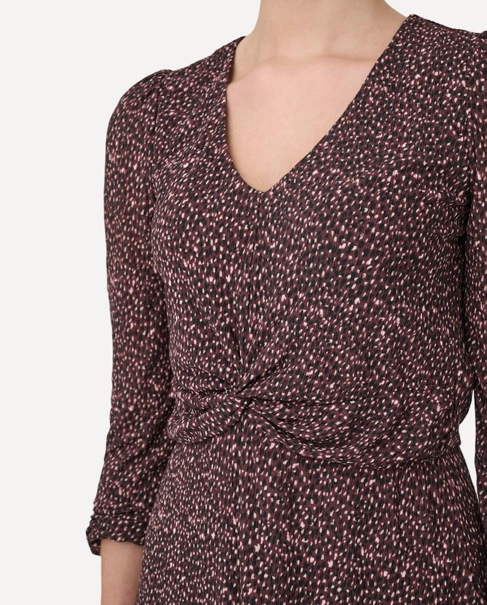 Vestido Estampado com Manga Comprida e Decote em Bico Bordeaux-5