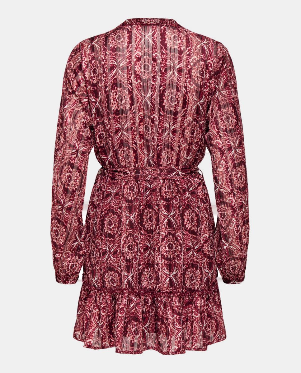 Vestido Curto de Manga Comprida e Estampado Bordeaux-4