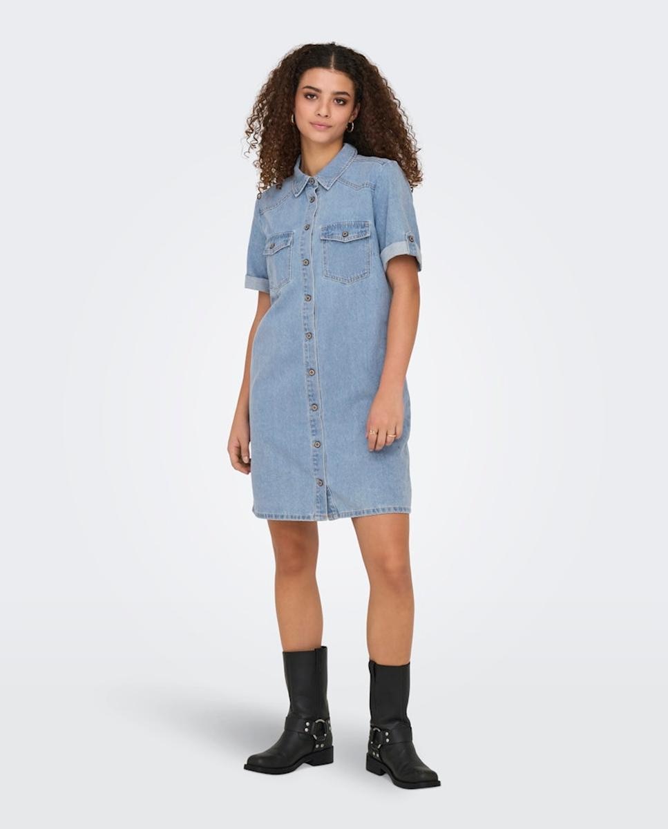 Imagem 0 de Vestido de Ganga com Manga Curta e Colarinho de Polo