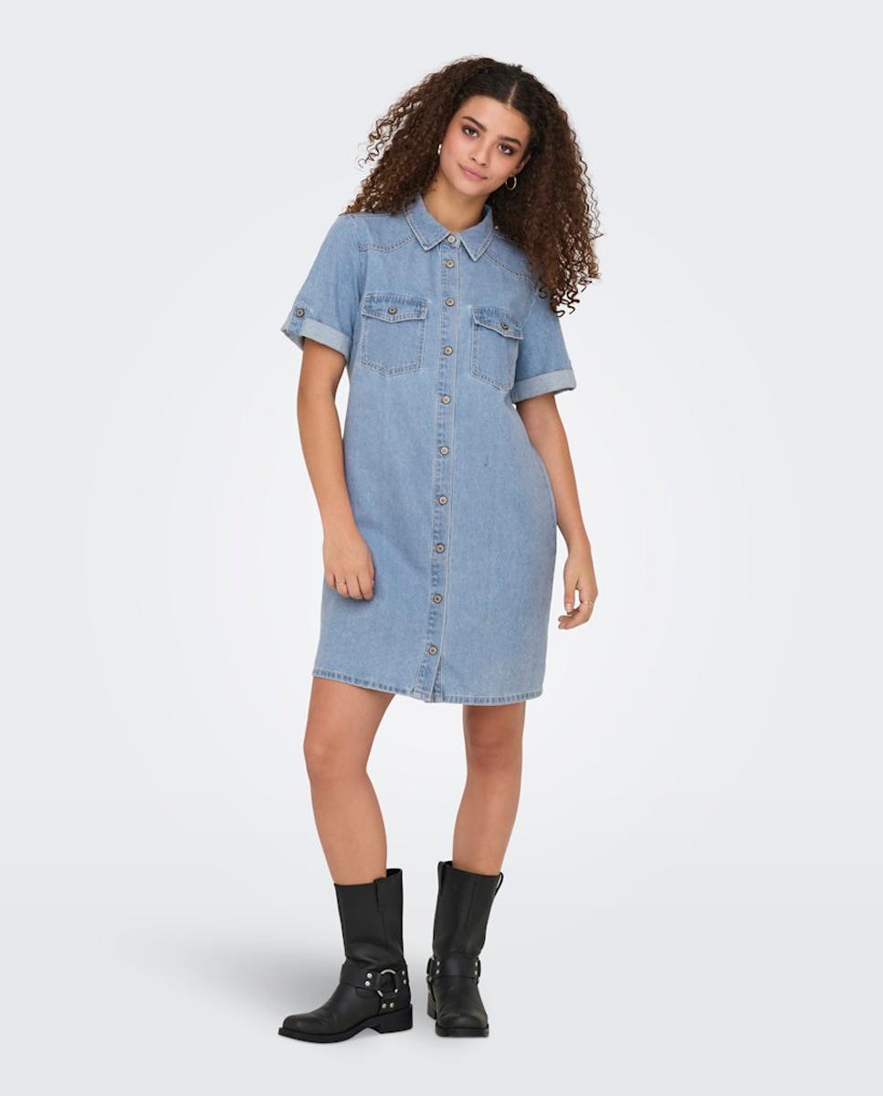 Vestido de Ganga com Manga Curta e Colarinho de Polo Azul-claro-2
