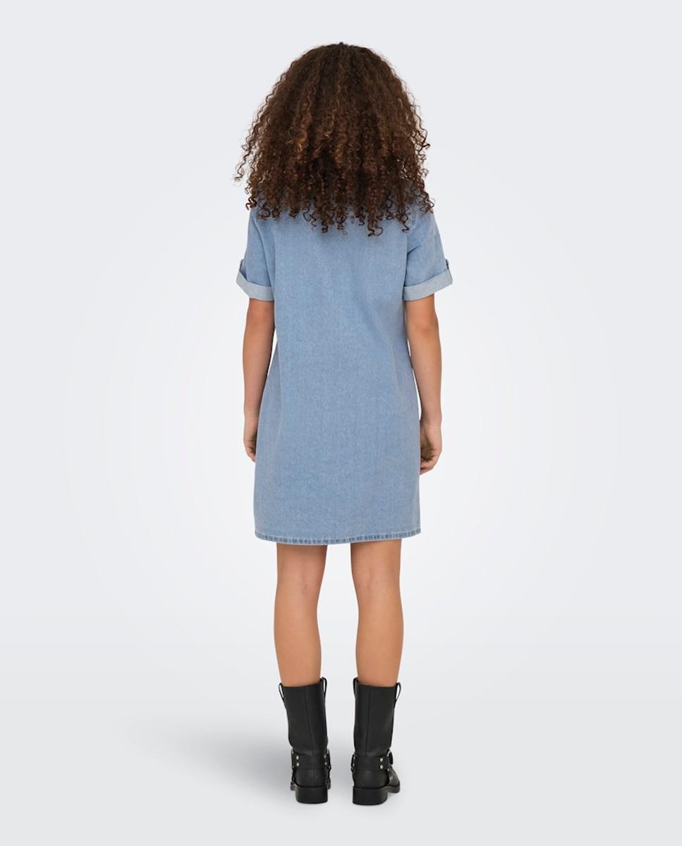 Vestido de Ganga com Manga Curta e Colarinho de Polo Azul-claro-3