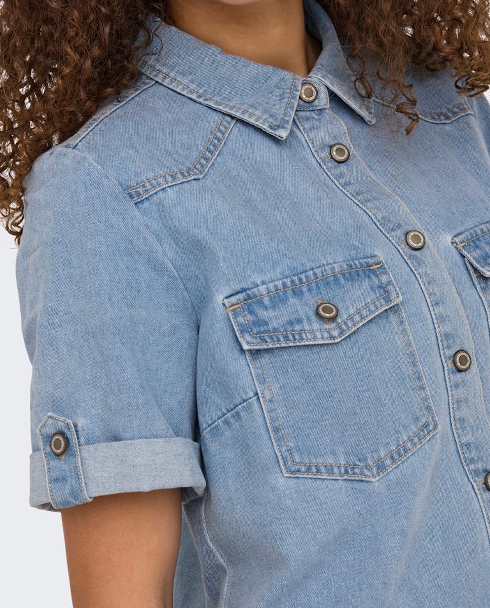 Vestido de Ganga com Manga Curta e Colarinho de Polo Azul-claro-4