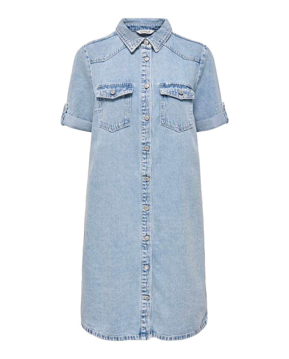 Vestido de Ganga com Manga Curta e Colarinho de Polo Azul-claro-5