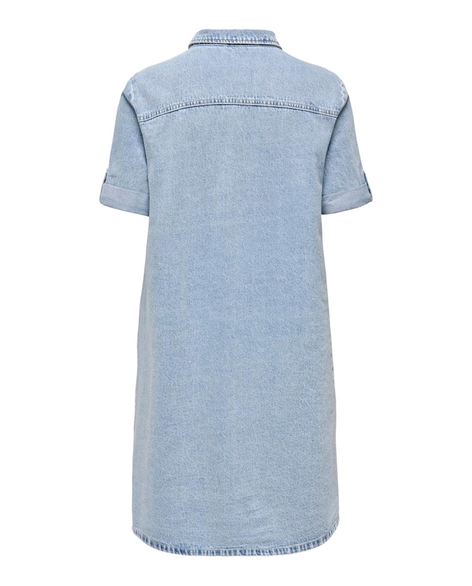 Vestido de Ganga com Manga Curta e Colarinho de Polo Azul-claro-6