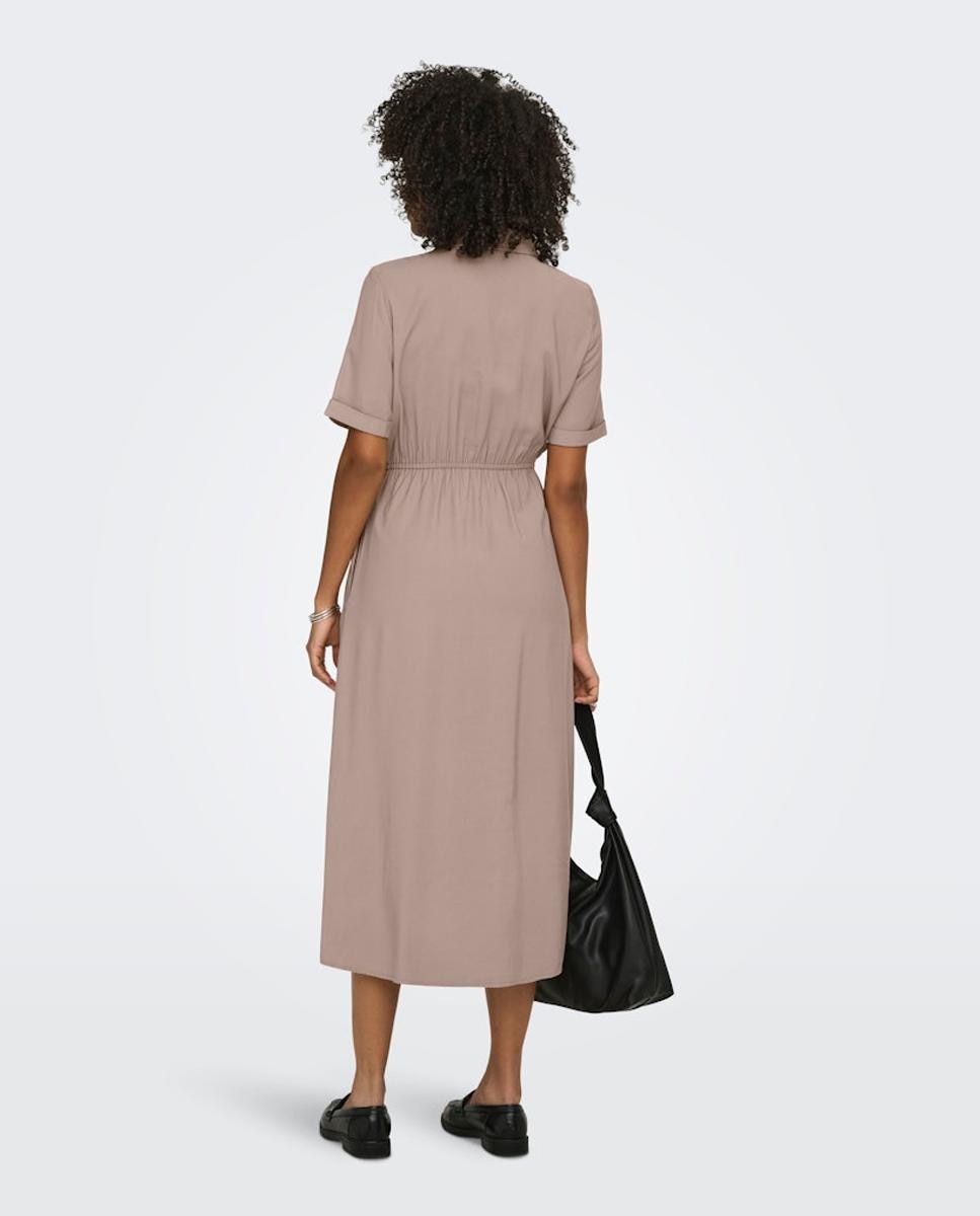Vestido Camiseiro Comprido com Manga 2/4 Bege-3