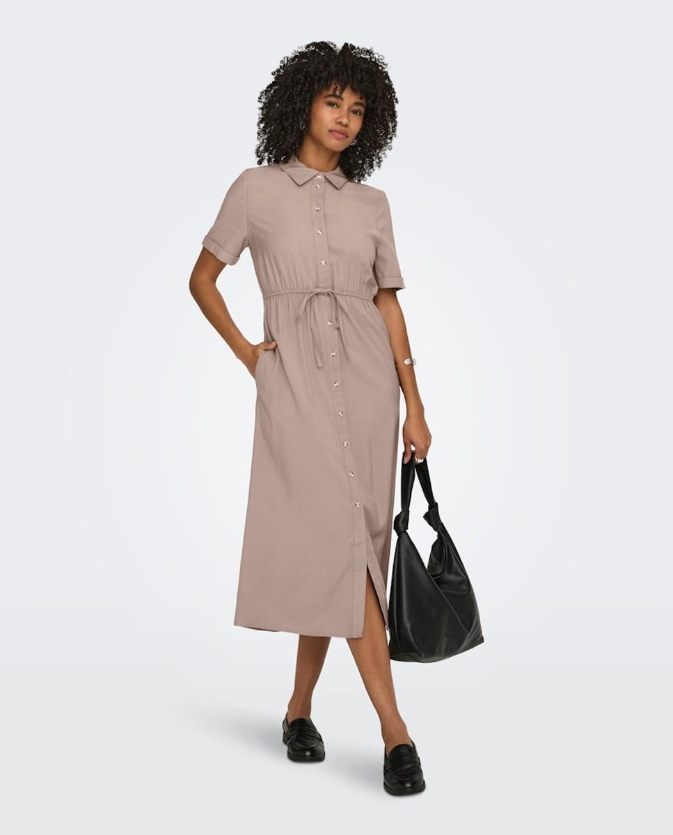 Vestido Camiseiro Comprido com Manga 2/4 Bege-4
