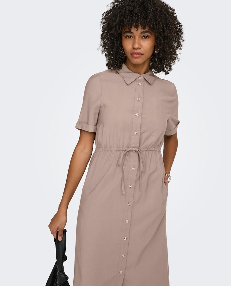 Vestido Camiseiro Comprido com Manga 2/4 Bege-5