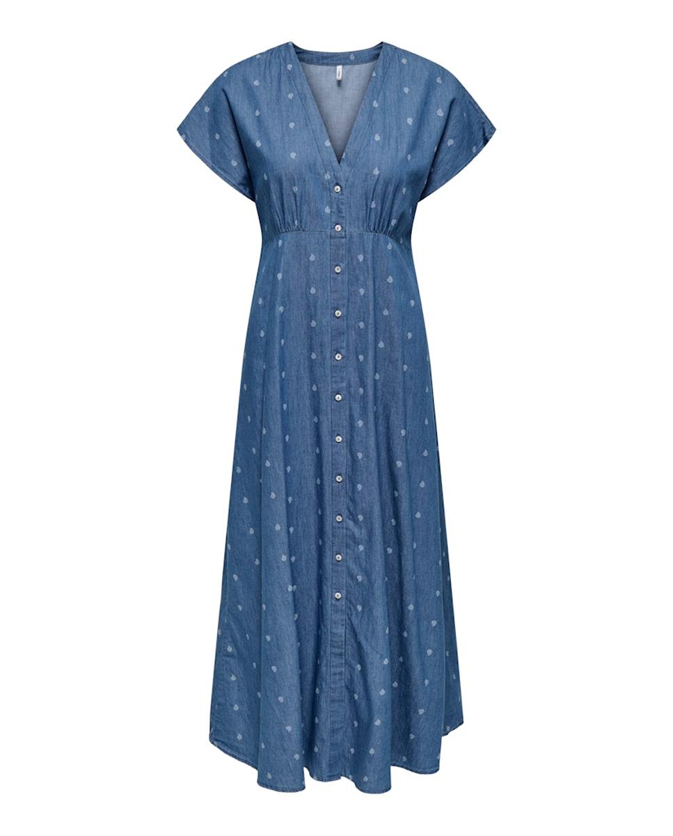 Vestido largo de manga corta con cierre de botones - Only - Azul Azul-3