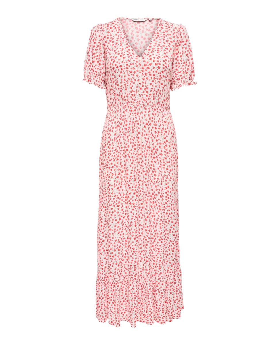 Vestido Comprido com Decote em Bico e Manga Curta Vermelho-3