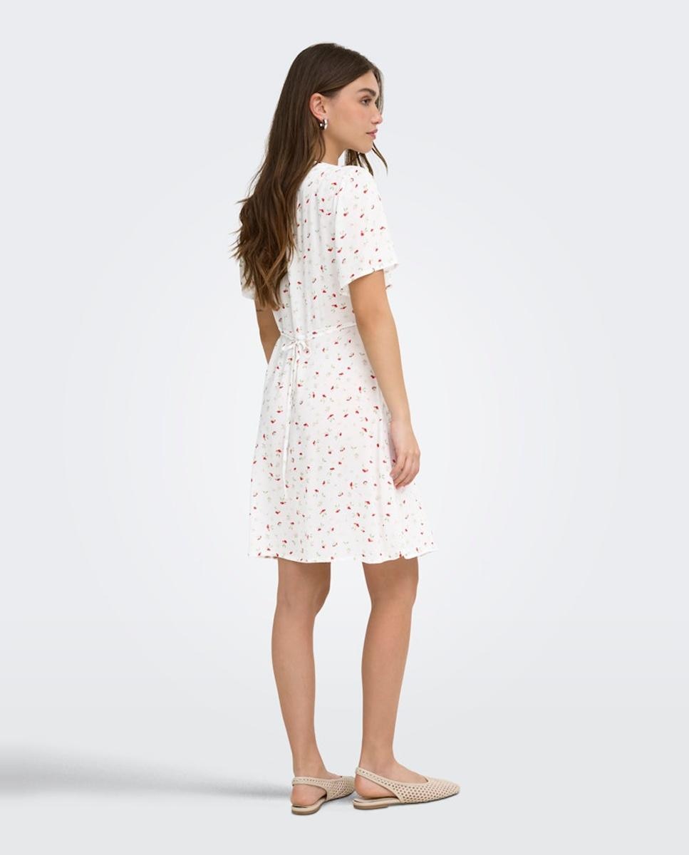 Vestido Mini de Manga Curta com Decote em Bico Branco-2