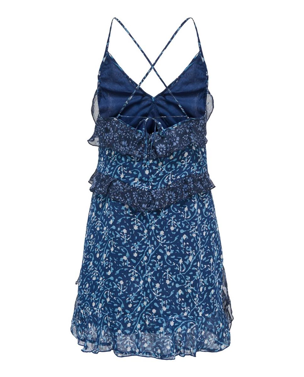 Vestido Curto com Decote em Bico e Detalhe de Folhos Azul-marinho-2