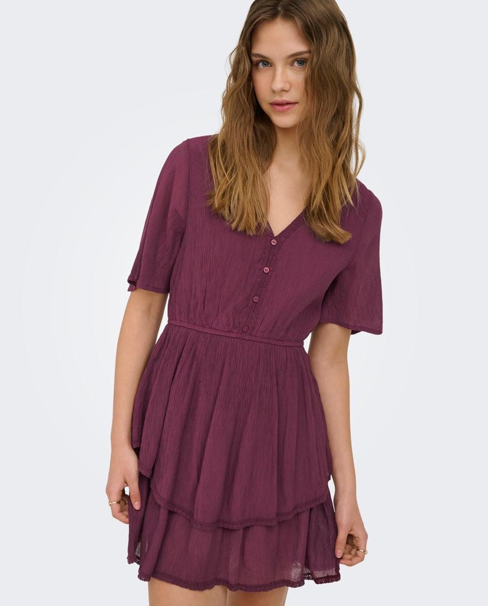 Vestido corto de manga francesa y cuello de pico de mujer - Only - Burdeos Burdeos-1