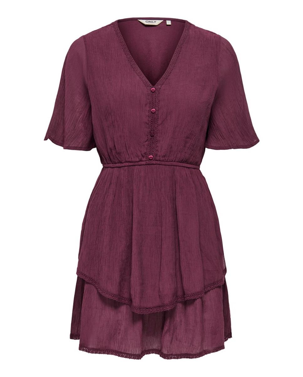 Vestido corto de manga francesa y cuello de pico de mujer - Only - Burdeos Burdeos-3