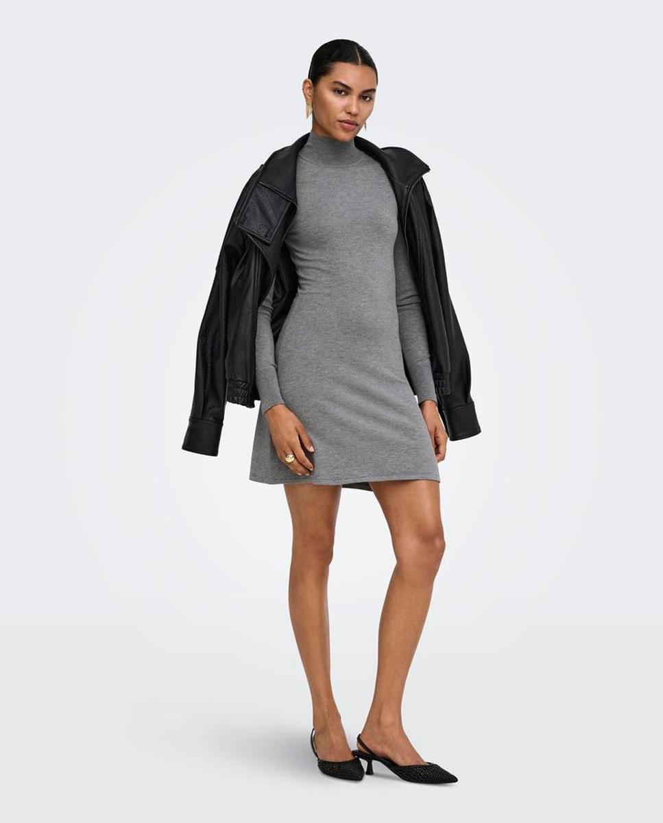 Vestido de punto con cuello alto y manga larga - Only - Gris Gris-1