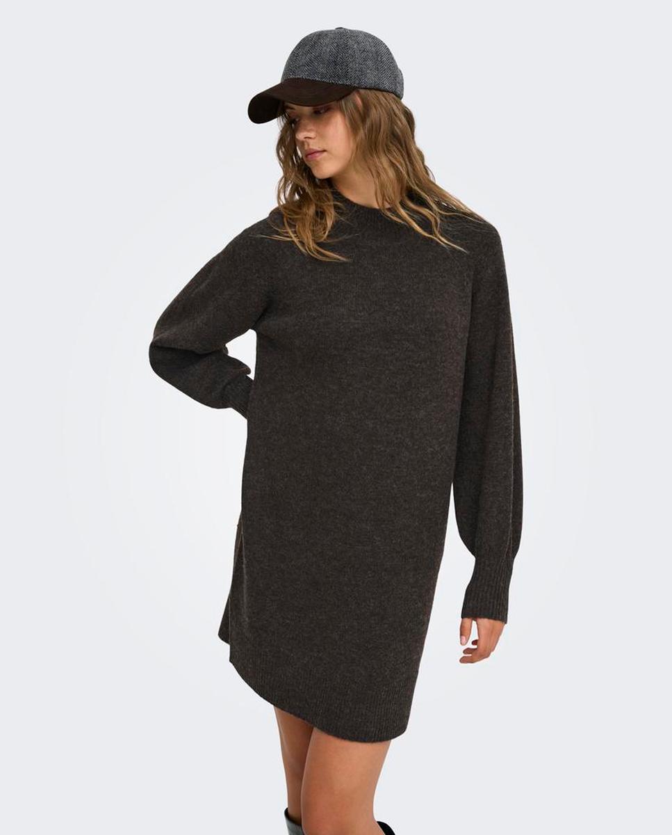 Vestido Midi de Malha com Gola Alta Castanho-escuro-4