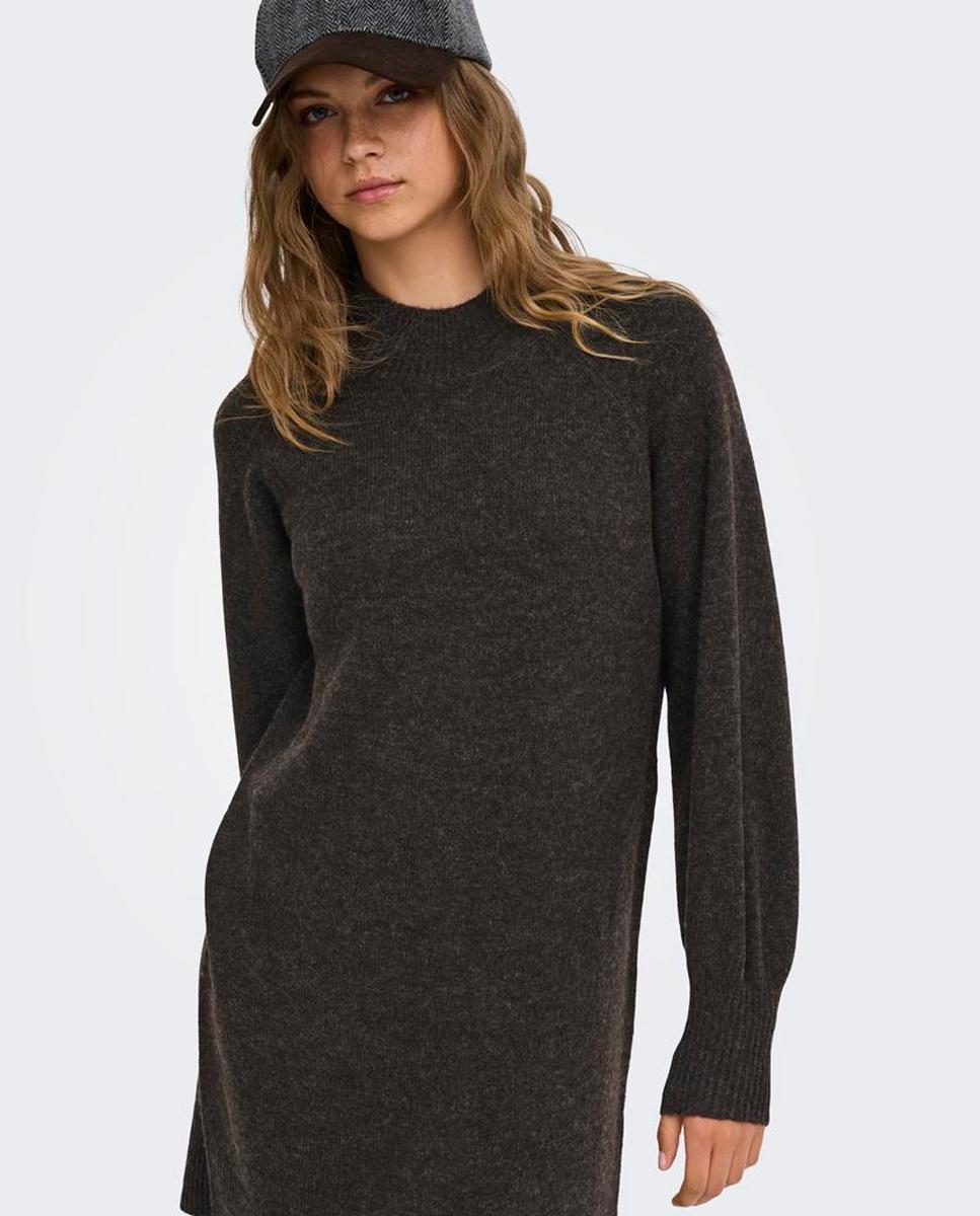 Vestido Midi de Malha com Gola Alta Castanho-escuro-5