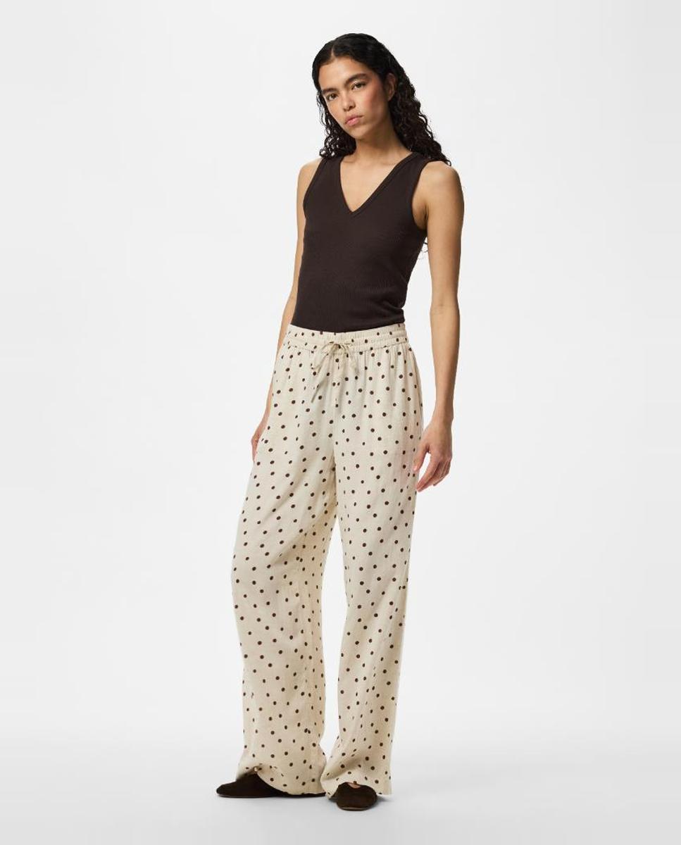 Pieces - Pantalón largo y ancho de lino de mujer..