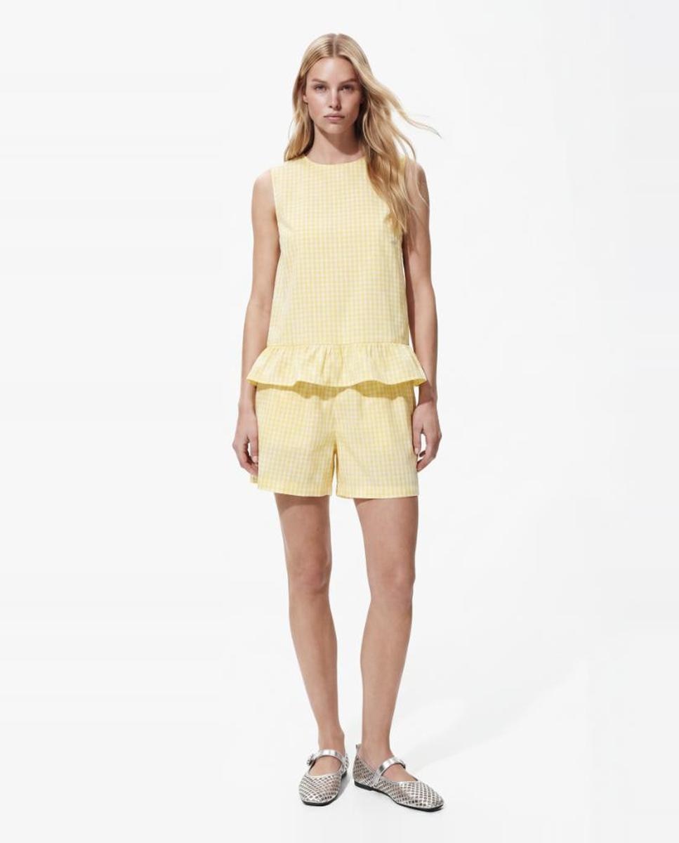 Pieces - Short de mujer de tiro alto con cintura elástica de cuadros de vichy..