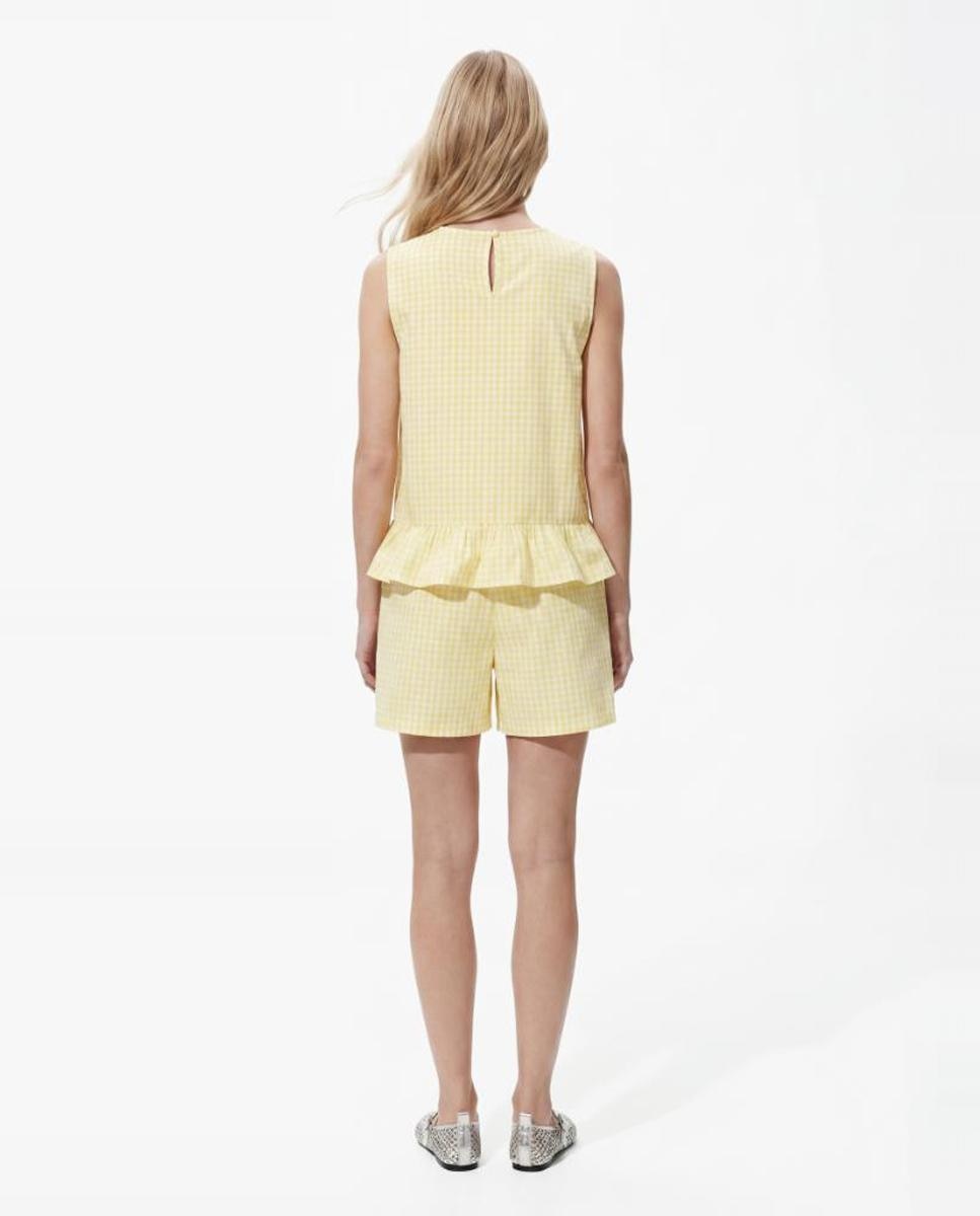 Calções de Cintura Subida com Cintura Elástica aos Quadrados Vichy. Amarelo-2