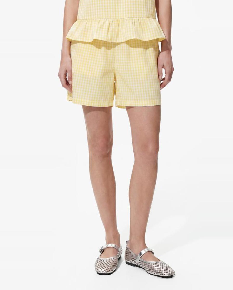 Calções de Cintura Subida com Cintura Elástica aos Quadrados Vichy. Amarelo-3