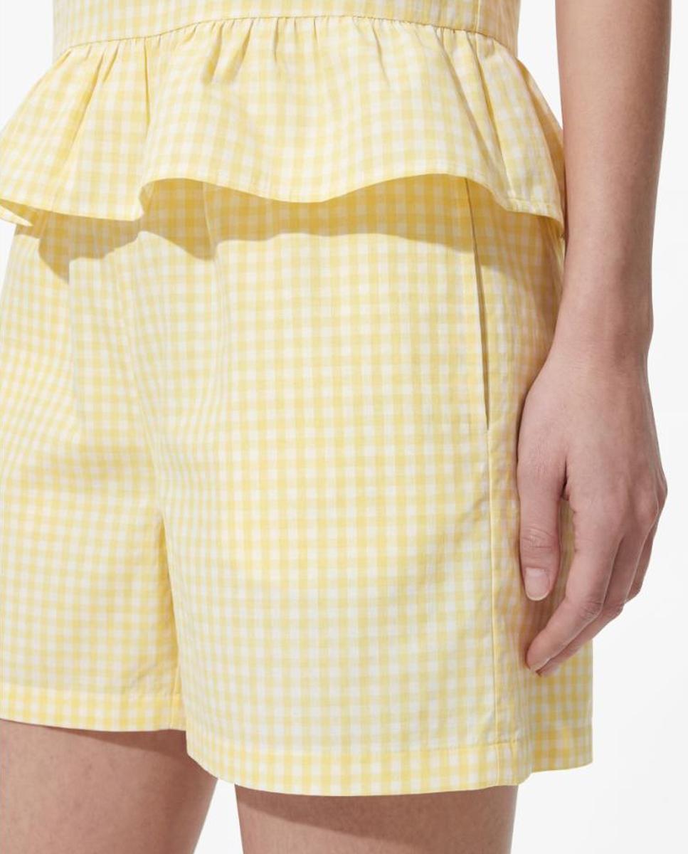 Calções de Cintura Subida com Cintura Elástica aos Quadrados Vichy. Amarelo-4