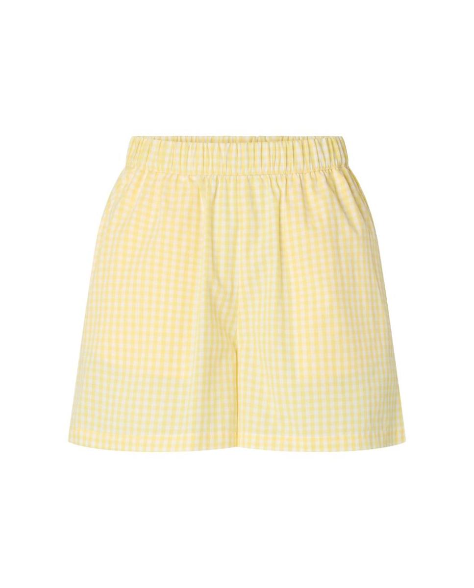 Calções de Cintura Subida com Cintura Elástica aos Quadrados Vichy. Amarelo-5